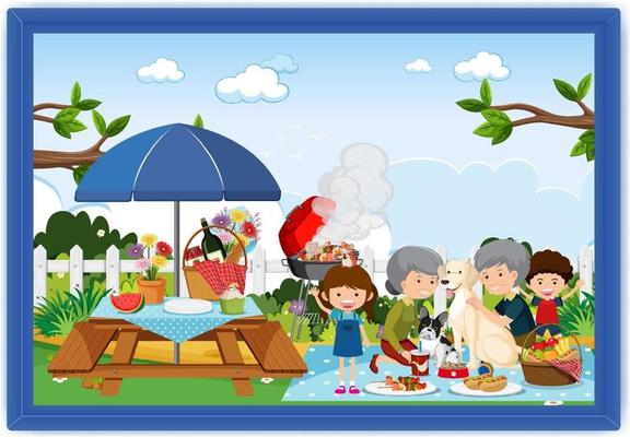 Happy family picnic outdoor scene in a photo frame