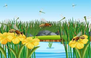 Close up flowers and leaves scene with many bees and dragonflies vector