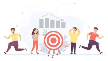 Vector. Business concept - crisis, failure, collapse of relationships and teamwork. A man and a woman near the target with falling arrows. People run away. Against the background of graphs and columns vector