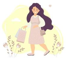 compras. niña feliz con el pelo largo en un vestido rosa sonríe en su mano sostiene bolsas de papel. fondo decorativo con flores y hojas, nubes y corazones. ilustración vectorial. ilustración plana vector