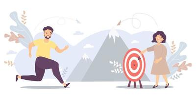 The guy runs to his goal, moves on motivation to the goal, on the way to the top of success. There is a girl standing there. Vector for task, goal, achievement, business, marketing concept, motivation