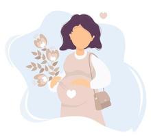 Motherhood. Happy pregnant woman with one hand, gently stroking her belly, and in the other hand holds a bouquet of flowers. Vector. flat illustration of expectant mother vector