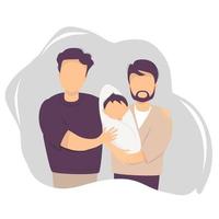 Male gay couple adopting baby. Two happy men holding new born child. vector illustration. Happy LGBT family with newborn son. parenthood, child care, concept for banner, website design
