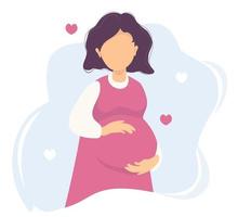 Motherhood. Happy pregnant woman in a pink dress gently hugs her stomach with her hands. Vector illustration. a blue background with hearts. flat illustration character - happy pregnancy