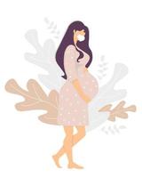 maternidad. Feliz mujer embarazada con una máscara médica se encuentra y abraza suavemente su estómago con las manos. decoración de plantas y hojas tropicales. ilustración vectorial vector