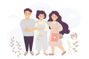 Happy family flat vector. pregnant woman in overalls strokes her belly with her hands. The husband stands and hugs her. Near a girl with package in her hands on a background. Vector flat illustration