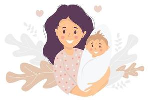 Motherhood. Happy woman with a newborn baby in her arms. On the background decorative pattern of tropical leaves and plants. Vector illustration. Happy family - happy mom and baby. flat illustration