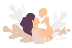 Motherhood. Happy woman with a baby in her arms on a background with a tropical decor of branches and plants. Vector illustration. Concept - Mom and little baby. family vector flat