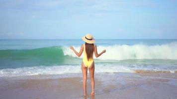 Mujer disfruta de la playa del mar del océano con cielo azul nube blanca video