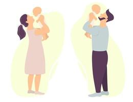 Vector set of happy parents. A man and a woman are holding a newborn baby. Vector. flat illustration for design, decoration, print and postcards