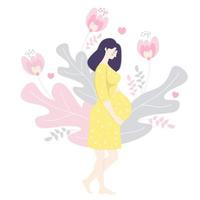 Motherhood. Happy pregnant woman In a yellow dress with hands gently hugs belly. Stands barefoot against the background of decorative leaves, flowers and hearts. Vector. flat illustration vector