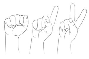 Hand gesture set. A clenched fist raised up, index finger up and two fingers raised. vector