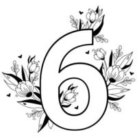 Flower number. Decorative floral pattern numbers six. Big 6 with flowers, buds, branches, leaves and hearts. Vector illustration on white background. Line, outline. For greeting cards, design, decor