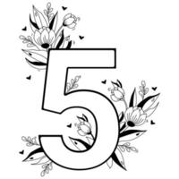 Flower number. Decorative floral pattern numbers five. Big 5 with flowers, buds, branches, leaves and hearts. Vector illustration on white background. Line, outline. For greeting cards, design, decor