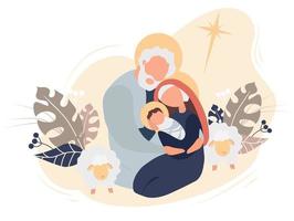 Merry Christmas. The birth of the baby Savior Jesus Christ. Virgin Mary and Joseph Holy Family, star of Bethlehem and sheep on a pink background with tropical leaves and decor. Vector illustration