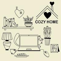 Cozy home. A set of doodles - a cat peeking out from behind a laptop, a bookshelf and a teddy bear a toy, flowerpots and a tulips, a table lamp and a cup with cookies and a heart logo. Vector, outline vector