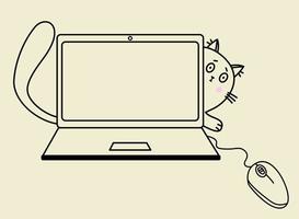 Cozy home. The scared cat looks out from behind the laptop, reaches for the mouse with its paw. Vector outline, black line. Illustration for print, design and decor