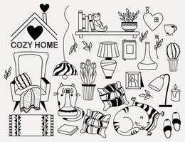 Cozy home. set of doodles - a cat looking out from behind a vase, a cat sleeping on a pillow, a bookshelf and a teddy bear, an armchair with a blanket, flowerpots, lamp and cookies. Vector, outline vector