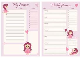 Cute girl planner templates - for a day, a week, a to-do list and a place to take notes. Organizer and schedule with notes and to-do list. Beautiful girl princess with flowers and balloons. Vector. A4 vector