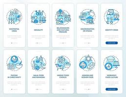World religions blue onboarding mobile app page screen with concepts set vector