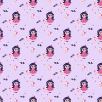 Seamless patterns. Little girl princess with her tongue hanging out and holding a unicorn toy in her hands on a light purple background. Vector. kids collection for design, textile and packaging vector