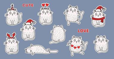 A set of stickers white cats in festive clothes, in a Santa hat, a hat with horns, a birthday hat, with a garland of hearts, different - sit and lie, resentment. Vector illustration for design