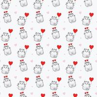 Seamless patterns. Holiday and cute cats with a red balloon and heart-shaped horns on a white background with pink hearts. Vector. Line, outline. For holidays and valentines vector