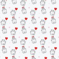 Seamless patterns. Holiday and cute cats with a red balloon and heart-shaped horns on a white background with pink hearts. Vector. Line, outline. For holidays and valentines vector