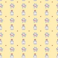 Seamless patterns. Valentines card Festive cats with a garland and in a hat with hearts dance and sit on a yellow background. Vector for design, holidays and valentines