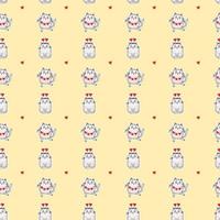 Seamless patterns. Valentines card Festive cats with a garland and in a hat with hearts dance and sit on a yellow background. Vector for design, holidays and valentines