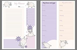 Cute planner templates - for a day, a week, a to-do list, a place to take notes, and a weekly fitness and yoga schedule. funny sheep in asanas - yoga pets. Organizer and Schedule. Vector. A4. Isolated vector