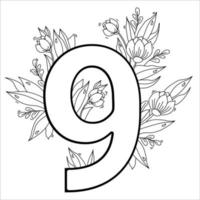 Flower number nine. Decorative pattern 9 with flowers, tulips, buds and leaves. Vector illustration isolated on white background. Line, outline. For greeting cards, print, design and decoration