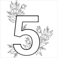 flor número cinco. patrón decorativo 5 con flores, tulipanes, capullos y hojas. ilustración vectorial aislado sobre fondo blanco. línea, contorno. para tarjetas de felicitación, impresión, diseño y decoración vector