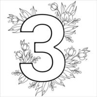 Flower number three. Decorative pattern 3 with flowers, tulips, buds and leaves. Vector illustration isolated on white background. Line, outline. For greeting cards, print, design and decoration