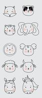 Outline drawing. Cute simple animal portraits - fox and panda, tiger and words, penguin and koala, sheep and bull, zebra and unicorn. kids collection, for design, printing and decoration. Vector