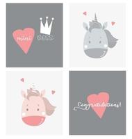 Set of cute animal faces and creative cards. Cute unicorns - boy and girl with hearts. heart and phrases - congratulations. crown - mini boss. Vector for Scandinavian design, decoration, kids decor