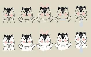 Set of cute simple pets. A cat with different gestures of delight and joy, and items of festive decor - Christmas deer antlers, a tie and bow tie. Vector. outline. color drawing. For childrens decor vector