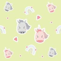 Seamless patterns. Scandinavian style kids collection. Cute stickers unicorn girl and horse boy and rainbow with hearts on a light background. Vector. For design, textile, packaging and wallpaper vector