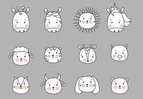 Cute simple animal portraits. Black and white set - giraffe, zebra, lion, unicorn, sheep and tiger, deer and bear, bull and pig, cat and dog. Childrens collection, design, printing, textiles. Vector
