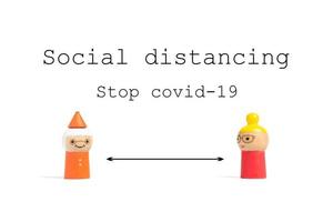 Stop COVID-19 social distancing text with miniature people on a white background, social distancing concept photo