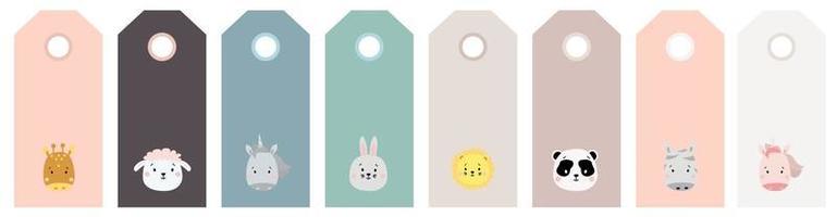 gift tags. colored Set of cute animal portraits. animal print - zebra, giraffe and sheep, unicorn and hare, lion and panda, Vector illustration. Scandinavian style. For card design, design and print