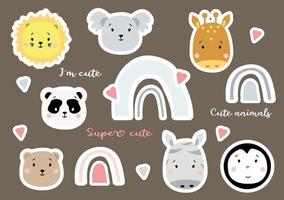 conjunto de lindos arco iris y animales tropicales: pingüino, león y koala, jirafa y panda, oso y cebra. colección de pegatinas vectoriales para niños. aislado en un fondo con corazones. elemento para el diseño vector