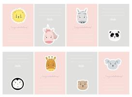 kid planner with cute animals. Set of greeting cards with cute animals. Creative print with lion and unicorn, giraffe and zebra, panda and koala, penguin and bear. Vector for scandinavian card design