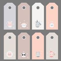 gift tags. Set of cute animal portraits - zebra, unicorn and hare, lion and panda, giraffe and sheep. Vector illustration. Scandinavian style. Childrens collection. For the design, design and printing