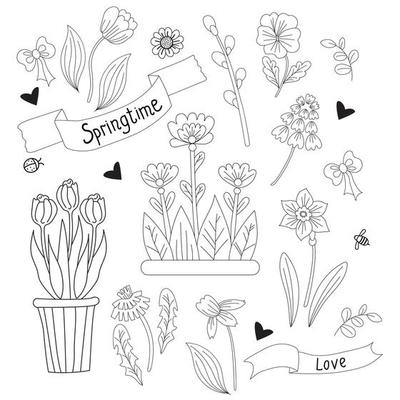 Spring time. Set of spring flowers - chamomile, daffodil, tulip, dandelion, violet and pussy willow and flowerpot. Vector. line, outline. decorative plants for print, design, decoration and postcards
