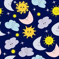 Seamless pattern. Cute yellow sun, moon and clouds on a purple background with closed and open eyes. Vector