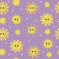 Seamless pattern. Cute yellow sun with face and smile on a Lilac background with clouds. Vector . Design, decor, packaging, printing, wallpaper, textiles,