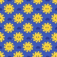 Seamless pattern. Cute yellow sun with face and smile on a blue background with clouds. Vector . Design, decor, packaging, printing, wallpaper, textiles,