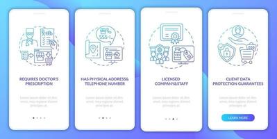 Safe online pharmacy signs onboarding mobile app page screen with concepts vector