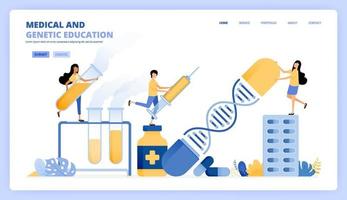 ilustraciones de aprendizaje para la química y la salud de la genética moderna. la gente investiga medicamentos, adn, apoyo médico. se puede utilizar para la plantilla de página de destino ui ux web aplicación móvil cartel banner sitio web flyer anuncios vector